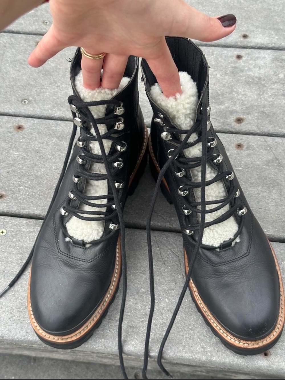 Marc Fisher Black Lace-Up Shearling-Trim Leather Boots